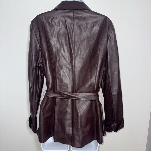 Lafayette 148 Burgundy Soft Leather Belted Jacket Fitted Buttons Collar Women 14 - Picture 4 of 11